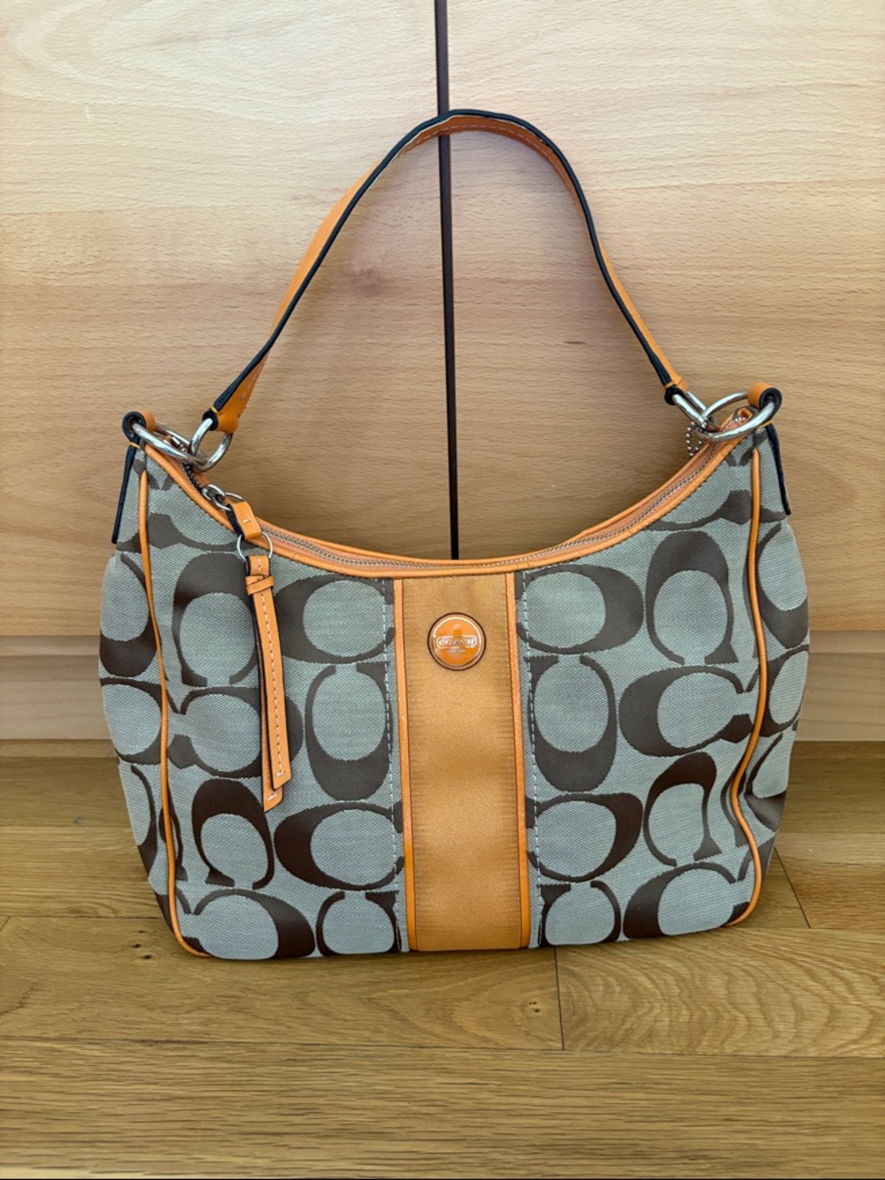 Coach Canvas Signature Hobo with Orange Trim